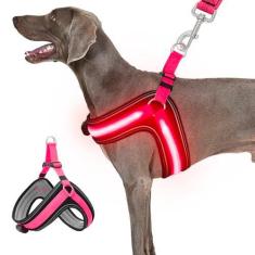 Imagem de Peitoral iluminado para cães grande, sem escape, com fivela durável, sem puxão, sem choque. Peitoral respirável refletivo ajustável com anel D de tração dupla, peitoral rosa para cães - luz vermelha