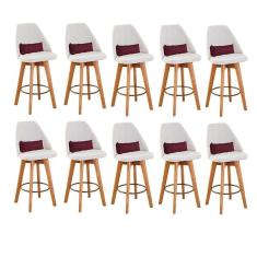 Imagem de Kit 10 Banquetas Com Encosto Linho Bege E Almofada Bordô