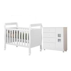 Imagem de Quarto de Bebê com Berço Mini Cama 3 em 1 Soninho e Cômoda 100% Mdf 1 Porta 4 Gavetas Life Branco