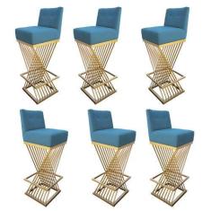 Imagem de Kit 06 Banquetas Luma Base de Ferro Sued Azul Tiffany - D'Classe Decor