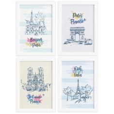 Imagem de Quadros Paris Ilustrada Sala Moldura  33X43cm Kit 4Un
