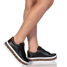 Imagem de Tênis Feminino Plataforma Animal Print Preto Onça Estilo Shoes