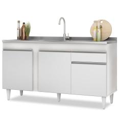 Imagem de Balcão Gabinete Com Pia Inox 150cm 3 Portas 1 Gaveta Dakota Branco - Lumil