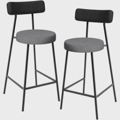 Imagem de Kit 02 Banquetas Baixa Cozinha Jantar Milão L02 Couríssimo Preto Linho Cinza Escuro - Lyam Decor