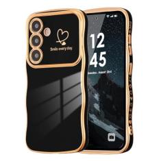 Imagem de ZTOFERA Capa para Samsung Galaxy S24 Plus 5G de 6,7 polegadas, linda moldura ondulada encaracolada com padrão de coração de amor, borda banhada de luxo, proteção total para câmera, à prova de choque,