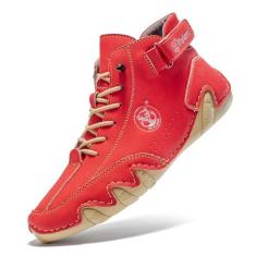 Imagem de FLYLAND Tênis feminino casual de couro, feito à mão, chukka, chukka, leve, sem cadarço, tênis para caminhada e direção, Vermelho, 40