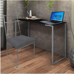 Imagem de Kit Escritório Stark Cadeira e Mesa Industrial Ferro Prata Tampo MDF Imbuia Corino Cinza - Ahz Móveis