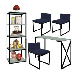 Imagem de Kit Escritório Bex 3 Cadeiras Suede Azul Marinho com 1 Mesa e 1 Livreiro Ferro Preto MDF Verde Oliva - Ahazzo Móveis