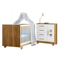 Imagem de Quarto de Bebê com Berço Mini Cama 100% Mdf Life e Cômoda 4 Gavetas 1 Porta Fly 100% Mdf Branco/madeirado Ypê