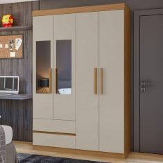 Imagem de Guarda-Roupa Solteiro Zeus 4 Portas 2 Gavetas com Espelho 59602.354 Amêndoa Clean/Off White - Móveis Lopas