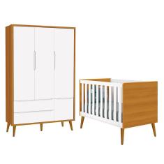 Imagem de Jogo de Quarto Infantil Theo Retrô Guarda Roupa 3 Portas e Berço com Pés Amadeirado - Reller Móveis Branco/Savana