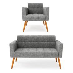 Imagem de Kit 1 Sofá Namoradeira E 1 Poltrona Elisa Linho Pés Palito Castanho - D`rossi Cor A26 Grafite