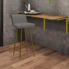 Imagem de Kit Mesa Suspensa de Parede Fixa MDF Rústico + 1 Banqueta Lexi Ferro Dourado Sintético Cinza - Ahazzo Móveis