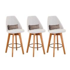 Imagem de Kit 03 Banquetas Alta Maya Giratória Com Encosto Linho Bege Claro e Almofada Suede Bege - Aurora Line