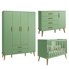 Imagem de Quarto Isis Berço Americano 2 em 1 + Comoda Sapateira + Guarda Roupa Isis Retrô 4 Portas 2 Gavetas Botanico Fosco - Reller