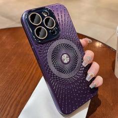 Imagem de Capa magnética de malha com dissipação de calor para iPhone 16 15 14 13 12 Pro Max [compatível com MagSafe] Protetor de câmera magnética militar armadura fina à prova de choque (roxa, para iPhone 12