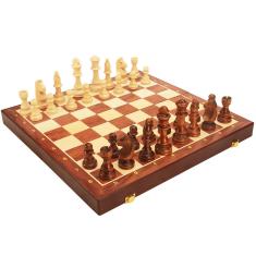 Imagem de Daconovo Conjunto de tabuleiro de xadrez de madeira magnético Conjuntos de jogos de tabuleiro de xadrez dobráveis para viagens para adultos e crianças