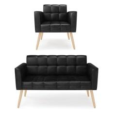 Imagem de Kit 1 Sofá Namoradeira E 1 Poltrona Elisa Corano Preto Pés Palito Natural - D`rossi