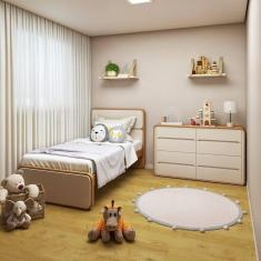 Imagem de Quarto Infantil com Cama Solteiro Loop Tecido Sintético e Cômoda 8 Gavetas 152x48x96cm Loop Amêndoa Clean/Off White