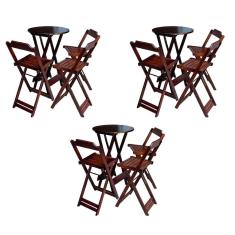 Imagem de Kit 3 Conjuntos de Mesa Bistrô Dobraveis em Madeira Padrão com 3 Banquetas Altas - Imbuia