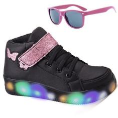 Imagem de Tenis Infantil Feminino De Led Botinha Borboleta Glitter Meninas + Oculos