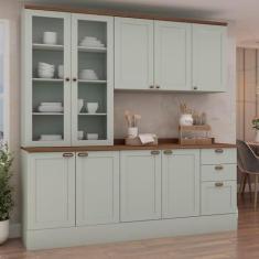 Imagem de Cozinha Modulada Compacta 4 Peças com Armário Aéreo 2 Portas Vidro 100% Mdf com Tampo Mint/Ébano