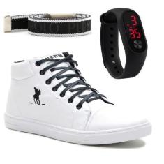 Imagem de Kit Com Tênis Cano Médio Polo Plus + Relógio Digital E Um Cinto, Branc
