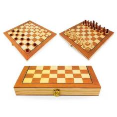 Imagem de Jogo de Xadrez e Dama Caixa Tabuleiro de Madeira Dobrável 2 em 1 Grand