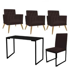 Imagem de Kit Escritório Stan 3 Poltronas Maria com Cadeira e Mesa Industrial Tampo Preto Suede Marrom - Ahz Móveis