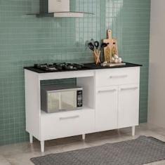 Imagem de Balcão para Cooktop de 4 Bocas Politorno Cidra com Nicho para Micro-ondas, 3 Portas e 1 Gaveta - Branco/Preto