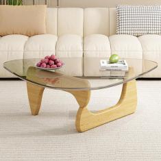 Imagem de Mesa de centro de vidro triangular, mesa final de vidro preto vintage, mesa final moderna com base de madeira maciça para sala de estar, pátio, escritório, pernas de tronco + c, 114 × 82 × 4