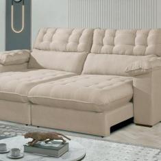 Imagem de Sofá Retrátil e Reclinável Barcelona 230 cm Veludo com Molas Ensacadas Bege Marfim