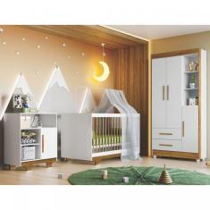 Imagem de Quarto de Bebê com Berço Minicama, Cômoda e Guarda Roupa 3 Portas Flocos Tigus Baby Branco/Ypê