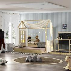 Imagem de Bicama Solteiro Infantil Reversível com Grade e Janela Casinha Garden Casatema Marroml/Branco