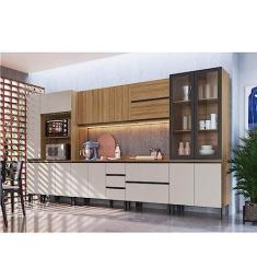 Imagem de Cozinha Modulada 10 Peças Tampo Aéreo 3 Portas Balcão, Paneleiro Plátano Quiditá Montana/fumê