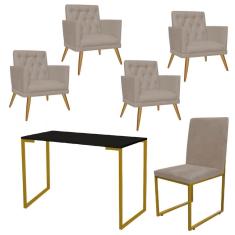 Imagem de Kit Escritório Stan 4 Poltronas Maria com Cadeira e Mesa Industrial Preto Dourado Suede Bege - Ahz Móveis