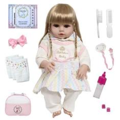 Imagem de Boneca Reborn Realista Cabelo Loiro Kit Bolsa Acessórios - Cegonha Reb