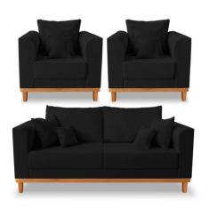 Imagem de Kit Sofá 3 Lugares e 2 Poltronas Beny Viena Suede Preto - Madeira Prim