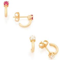 Imagem de Brincos De Ouro 18K Femininos Meia Argola Zircônia Infantil Rommanel B