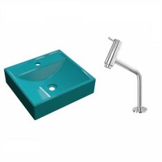 Imagem de Kit Cuba Q39 Com Torneira Pratika 1060 Metal 1/4 Volta  Compace  Turquesa