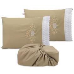 Imagem de Jogo De Lençol Casal Queen Elástico Bordado Com Lese Microfibra 3 Peça