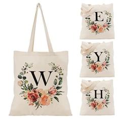 Imagem de Sacola feminina com inicial floral – Bolsa de lona personalizada para presentes de dama de honra – Bolsas com monograma para professores de estética, Natural
