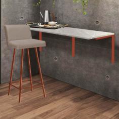 Imagem de Kit Mesa Suspensa de Parede Fixa MDF Marmorizado + 1 Banqueta Lexi Ferro Bronze Corino Bege - Ahazzo Móveis