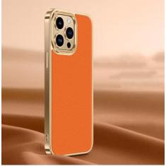Imagem de Capa de telefone de couro genuíno de luxo para iPhone 14 13 12 Pro Max Estrutura de revestimento de metal Proteção de lente Capa macia de couro real, laranja, para iPhone 14 ProMax