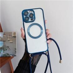 Imagem de Capas de carregamento magnético sem fio transparentes revestidas para iPhone 15 14 11 12 13 Pro Max Crossbody Lanyard Colar Capa, Azul Marinho, Para iPhone 13 ProMax