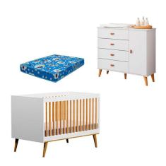 Imagem de Berço Americano Ligia E Cômoda Infantil Duda Branco Acetinado Bétula Com Colchão Ortobom Móveis