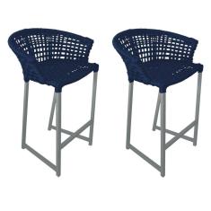 Imagem de Kit 2 Banquetas Reis Em Corda Náutica E Base Em Alumínio Cinza Para área Gourmet Azul Marinho Azul