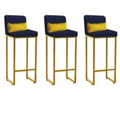 Imagem de Kit 03 Banqueta Alta com Encosto Lucca Industrial Cozinha Balcão Ferro Dourado Suede Azul Marinho e Almofada Amarelo - Ahazzo Móveis