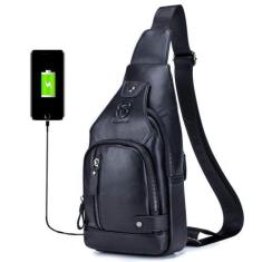 Imagem de Bolsa tipo estilingue BULLCAPTAIN em couro genuíno com porta USB XB-12