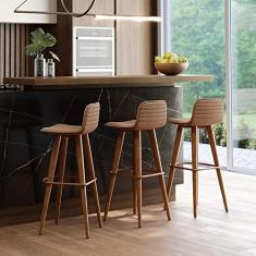 Imagem de KIT 3 BANQUETAS ALTAS LUXO LINEA AÇO COBRE LINHO TERRACOTA BASE CARVALHO